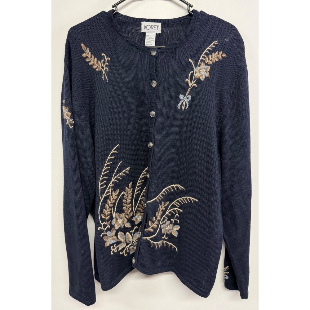 Koret Navy Blue Floral Embroidered Cardigan Sweater Ramie Cotton XL 164U784